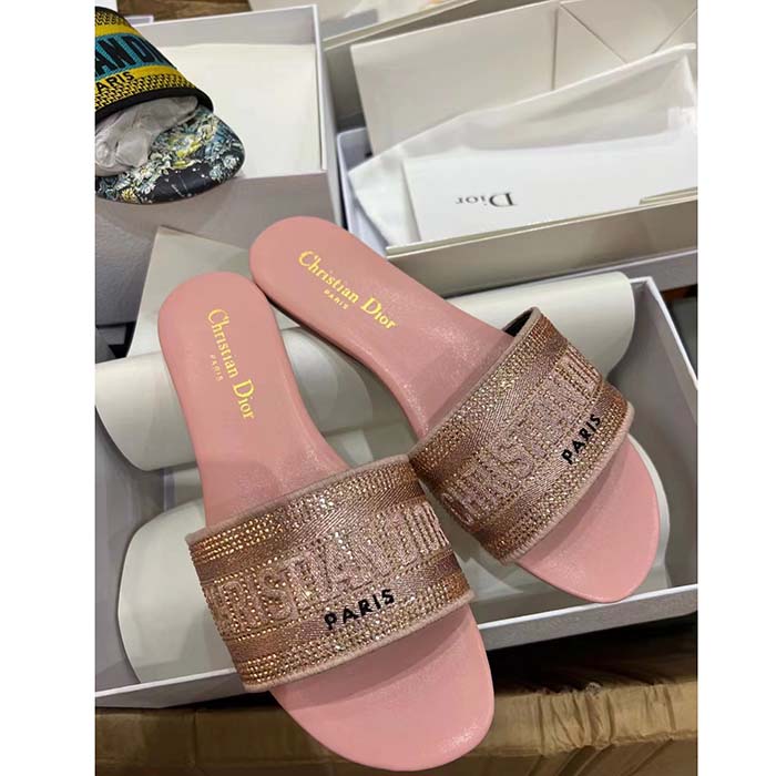 Dior Women CD Dway Slide Pink Cotton Embroidered Metallic Thread Strass
