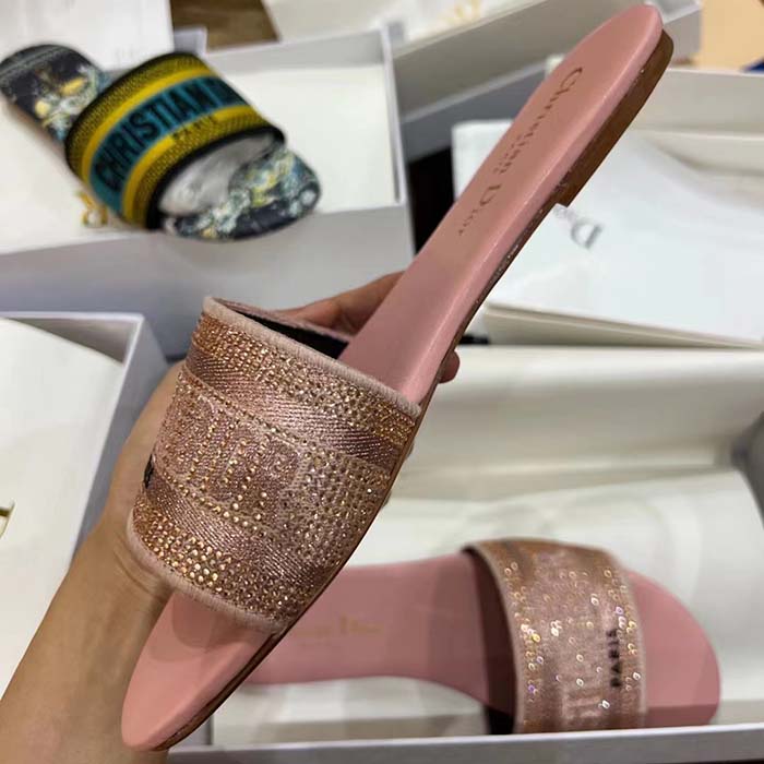 Dior Women CD Dway Slide Pink Cotton Embroidered Metallic Thread Strass