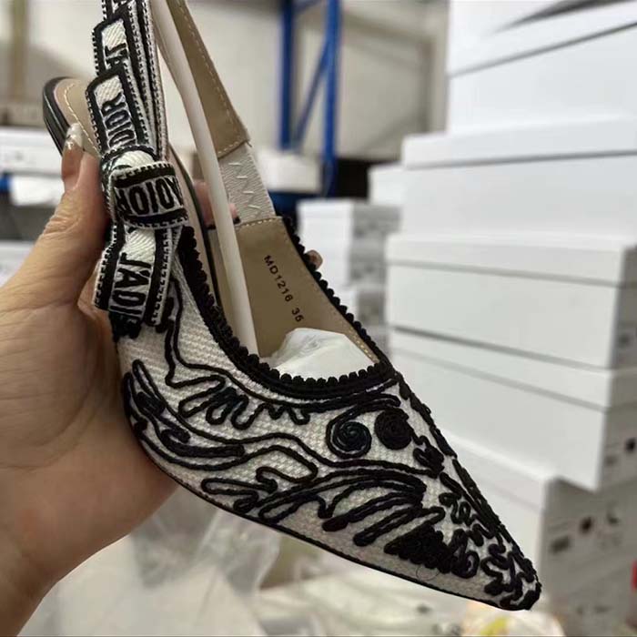Dior Women CD J’Adior Slingback Pump Black White Ornamental Cotton Cornely Embroidery