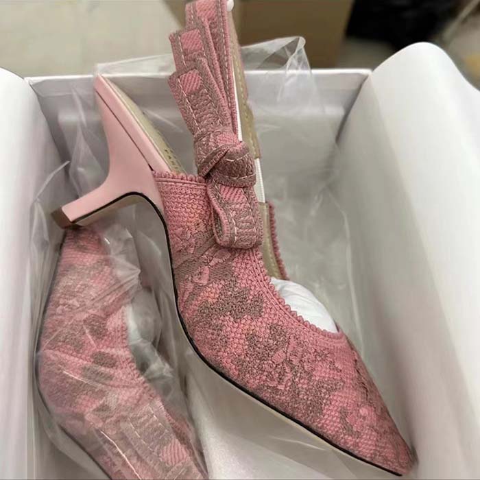 Dior Women CD J’Adior Slingback Pump Pink Gray Embroidered Cotton Toile De Jouy Sauvage