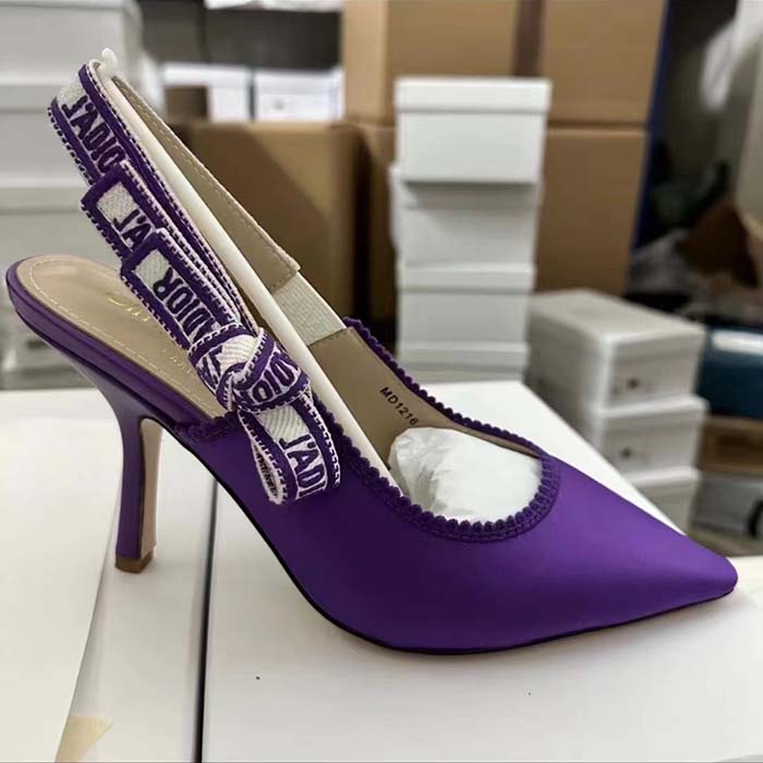 Dior Women CD J’Adior Slingback Pump Purple Embroidered Satin Cotton 10 CM Heel