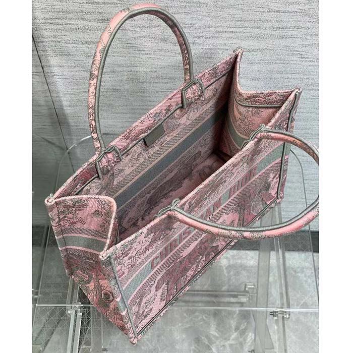 Dior Women CD Medium Book Tote Pink Gray Toile De Jouy Sauvage Embroidery
