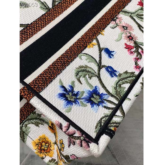 Dior Women CD Medium Book Tote White Multicolor Dior Petites Fleurs Embroidery
