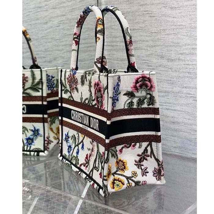 Dior Women CD Medium Book Tote White Multicolor Dior Petites Fleurs Embroidery