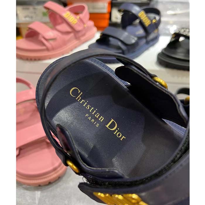 Dior Women CD Shoes DiorAct Sandal Royal Blue Lambskin Gold-Finish Metal Signature