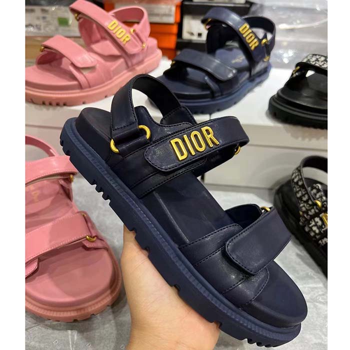 Dior Women CD Shoes DiorAct Sandal Royal Blue Lambskin Gold-Finish Metal Signature