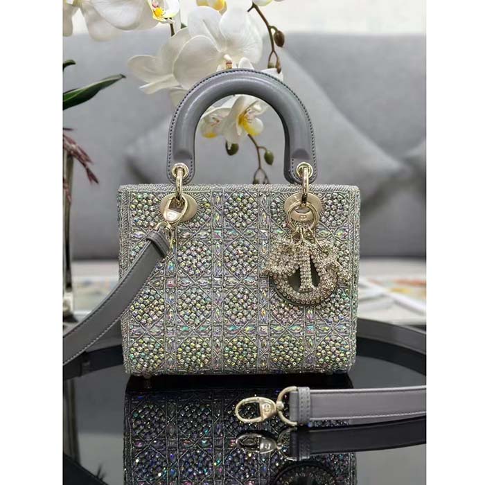 Dior Women CD Small Lady Dior Bag Gray Smooth Calfskin Satin Bead Embroidery