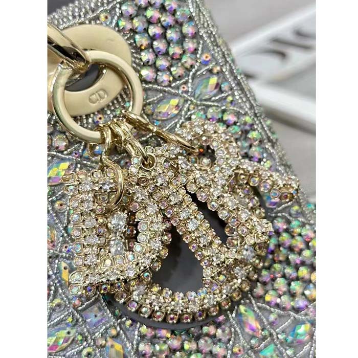 Dior Women CD Small Lady Dior Bag Gray Smooth Calfskin Satin Bead Embroidery