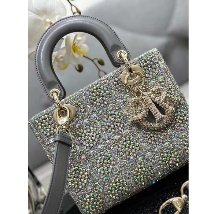 Dior Women CD Small Lady Dior Bag Gray Smooth Calfskin Satin Bead Embroidery