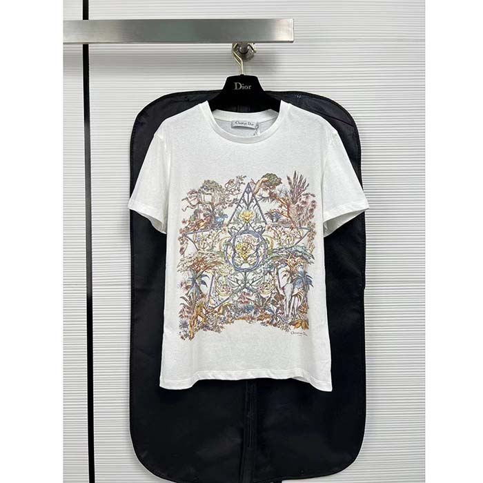 Dior Men CD T-Shirt White Cotton Linen Jersey Multicolor Étoile De Voyage Motif