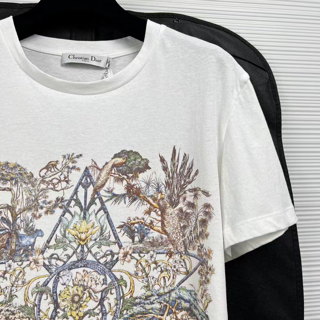 Dior Men CD T-Shirt White Cotton Linen Jersey Multicolor Étoile De Voyage Motif
