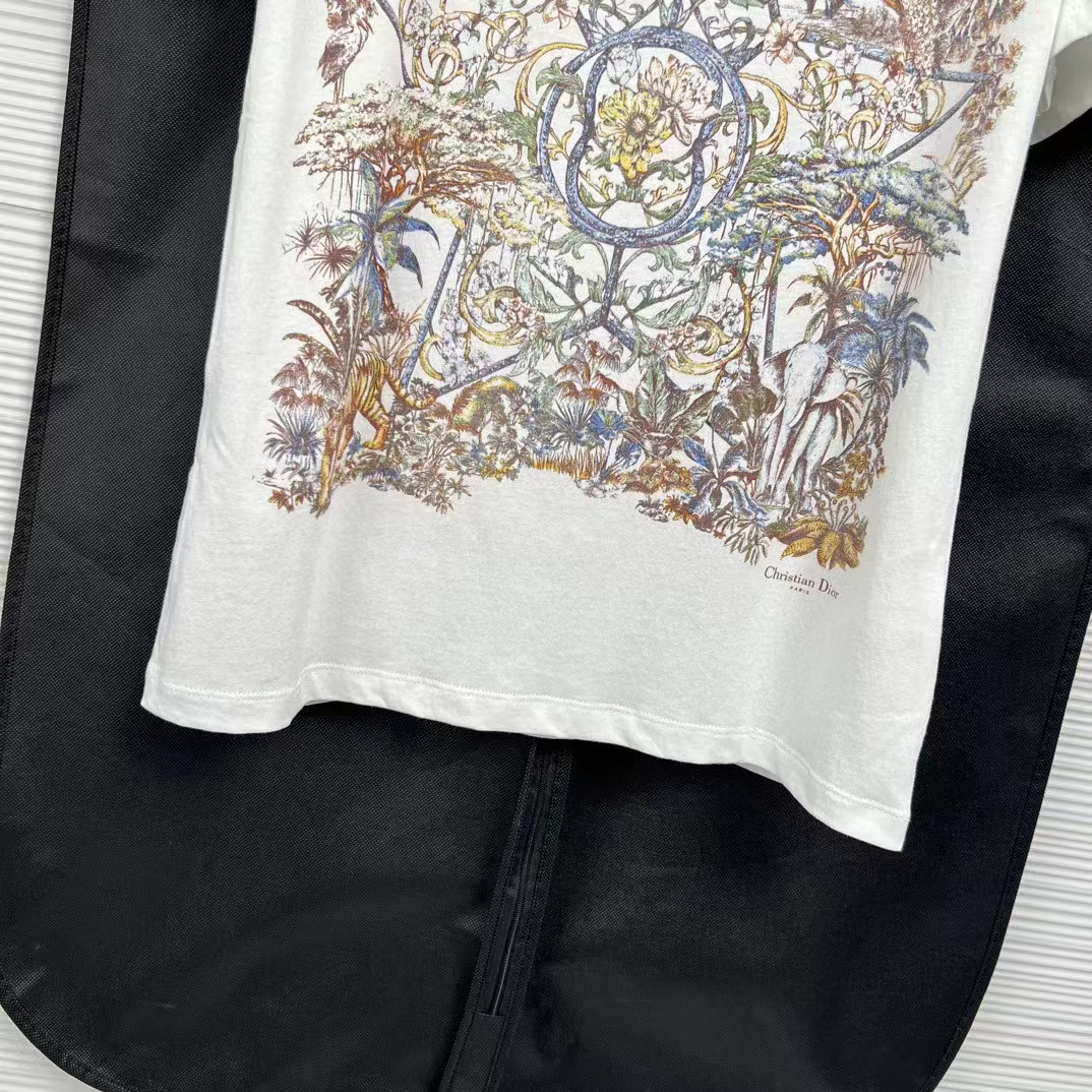 Dior Men CD T-Shirt White Cotton Linen Jersey Multicolor Étoile De Voyage Motif
