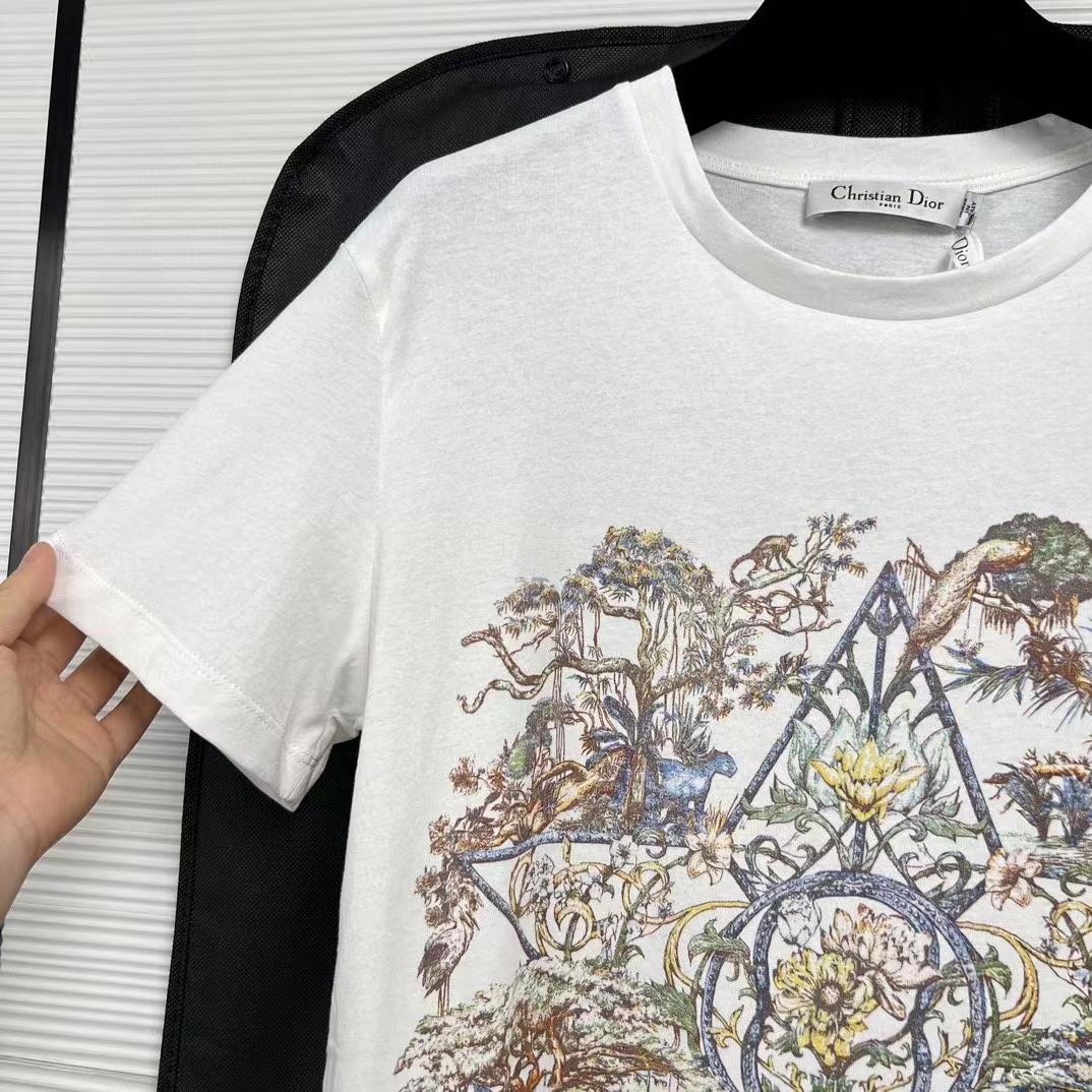 Dior Men CD T-Shirt White Cotton Linen Jersey Multicolor Étoile De Voyage Motif