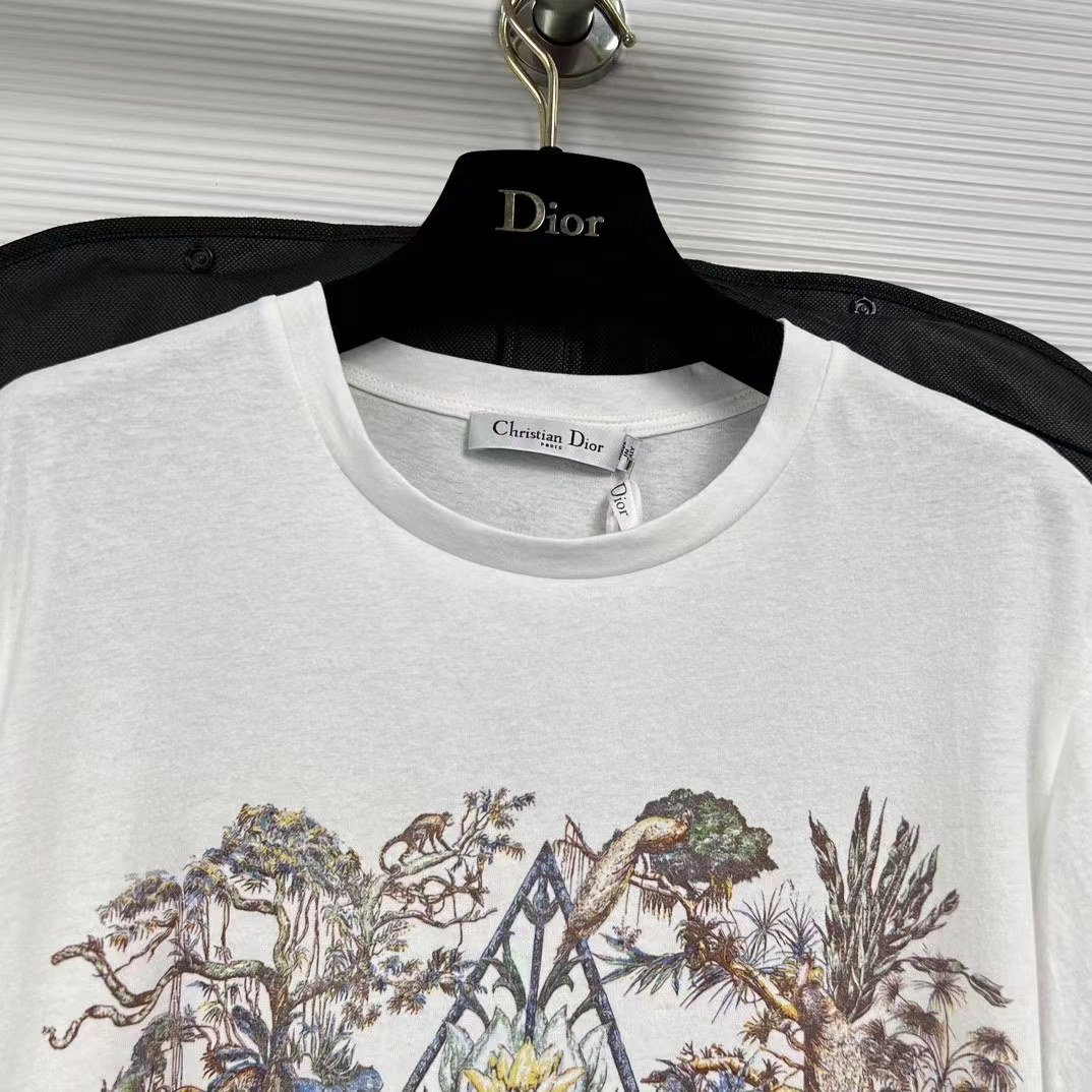 Dior Men CD T-Shirt White Cotton Linen Jersey Multicolor Étoile De Voyage Motif