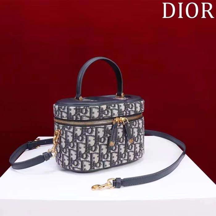 Dior Women Medium CD Signature Vanity Case Blue Oblique Jacquard Leather Handle