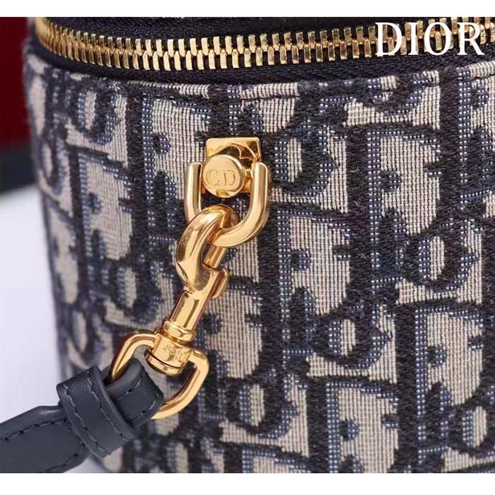 Dior Women Medium CD Signature Vanity Case Blue Oblique Jacquard Leather Handle