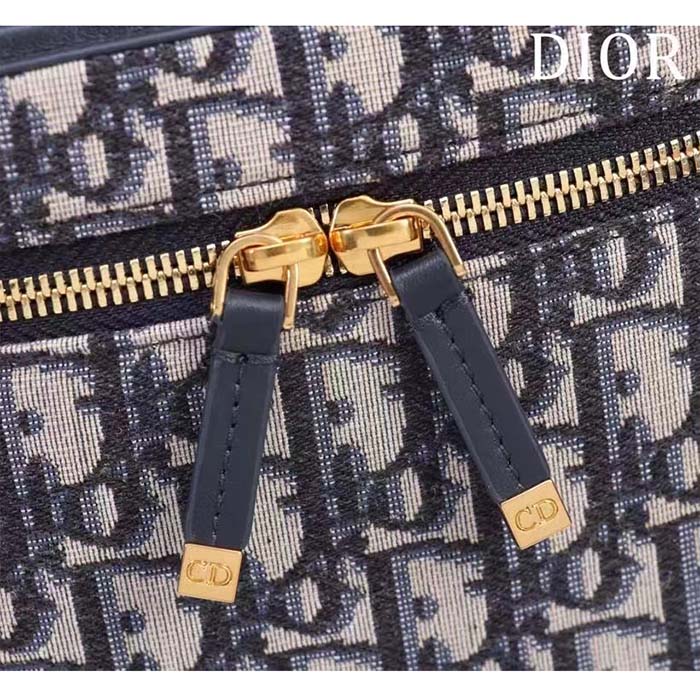 Dior Women Medium CD Signature Vanity Case Blue Oblique Jacquard Leather Handle