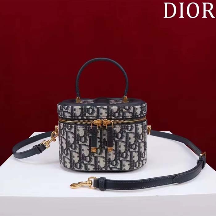 Dior Women Small CD Signature Vanity Case Blue Oblique Jacquard Leather Handle