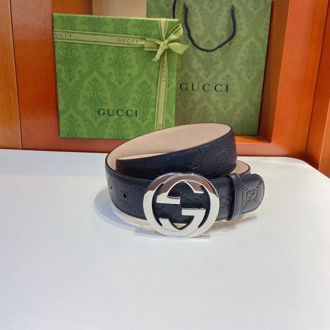 G*u*i gg unisex signature leather belt black interlocking g buckle 3.8 cm width