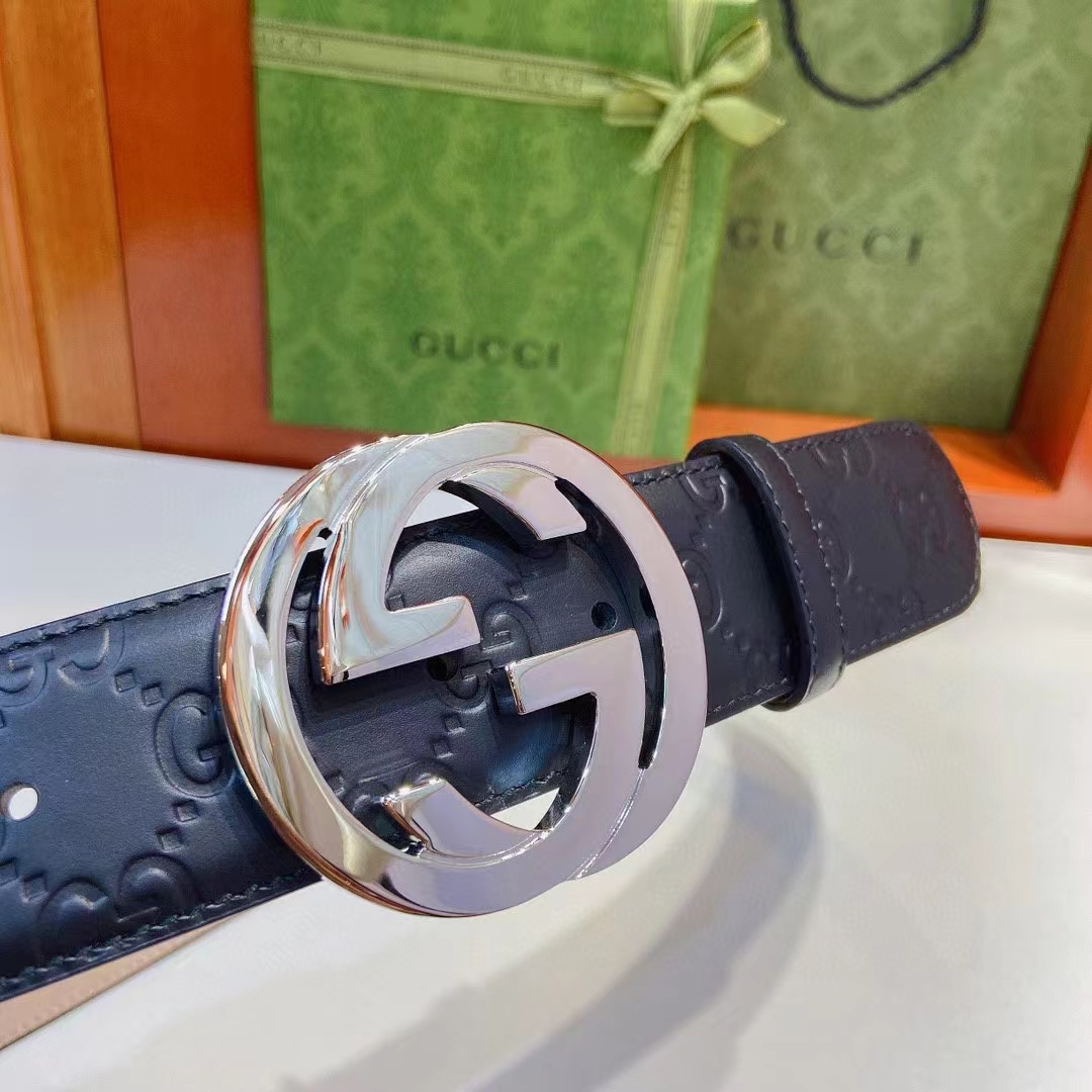 G*u*i gg unisex signature leather belt black interlocking g buckle 3.8 cm width