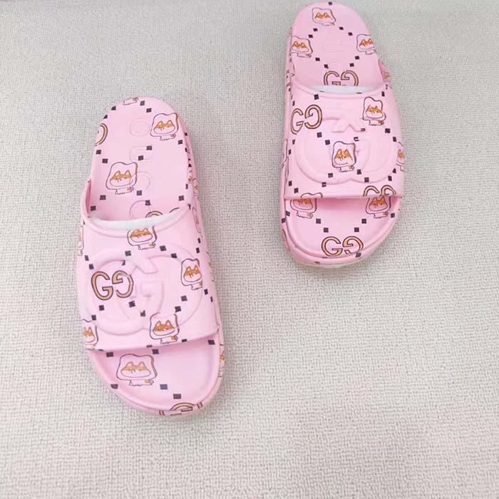 G*u*i unisex gg animal print rubber slide sandal pink embossed interlocking g low heel