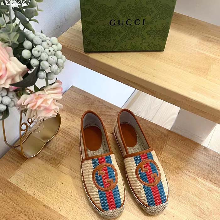 G*u*i unisex gg interlocking g espadrilles natural raffia brown leather round toe flat