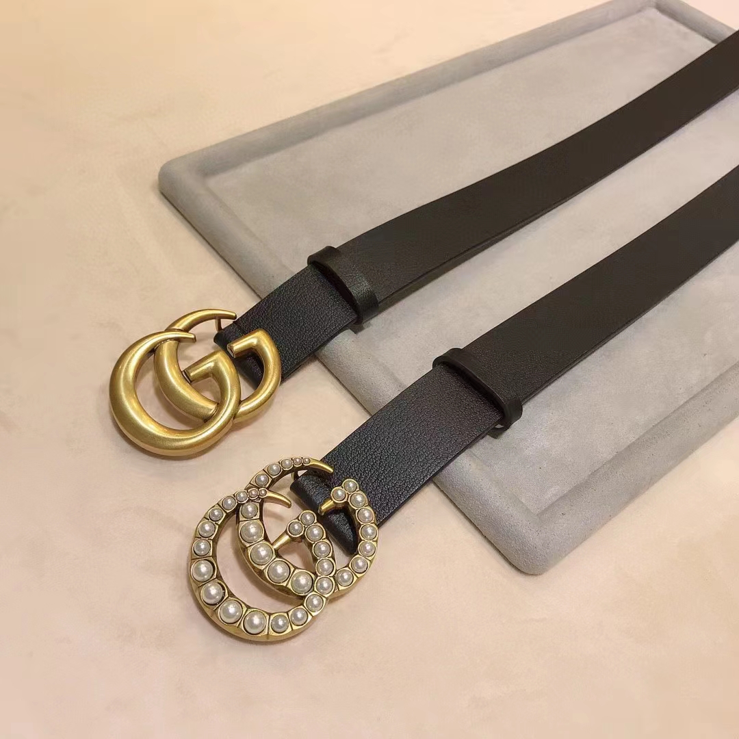 G*u*i unisex gg leather belt pearl double g buckle black 2 cm width
