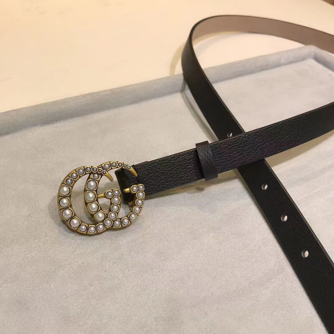 G*u*i unisex gg leather belt pearl double g buckle black 2 cm width