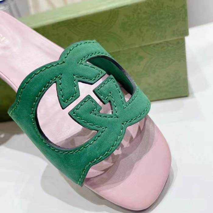 G*u*i unisex interlocking g cut-out slide sandal green pink suede flat