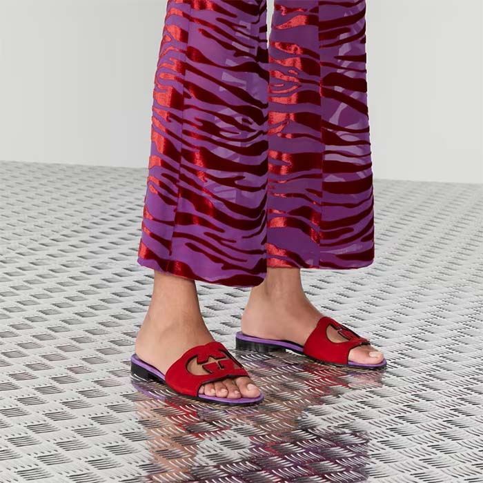 G*u*i unisex interlocking g cut-out slide sandal red purple suede flat