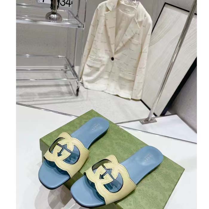 G*u*i unisex interlocking g cut-out slide sandal yellow light blue suede flat