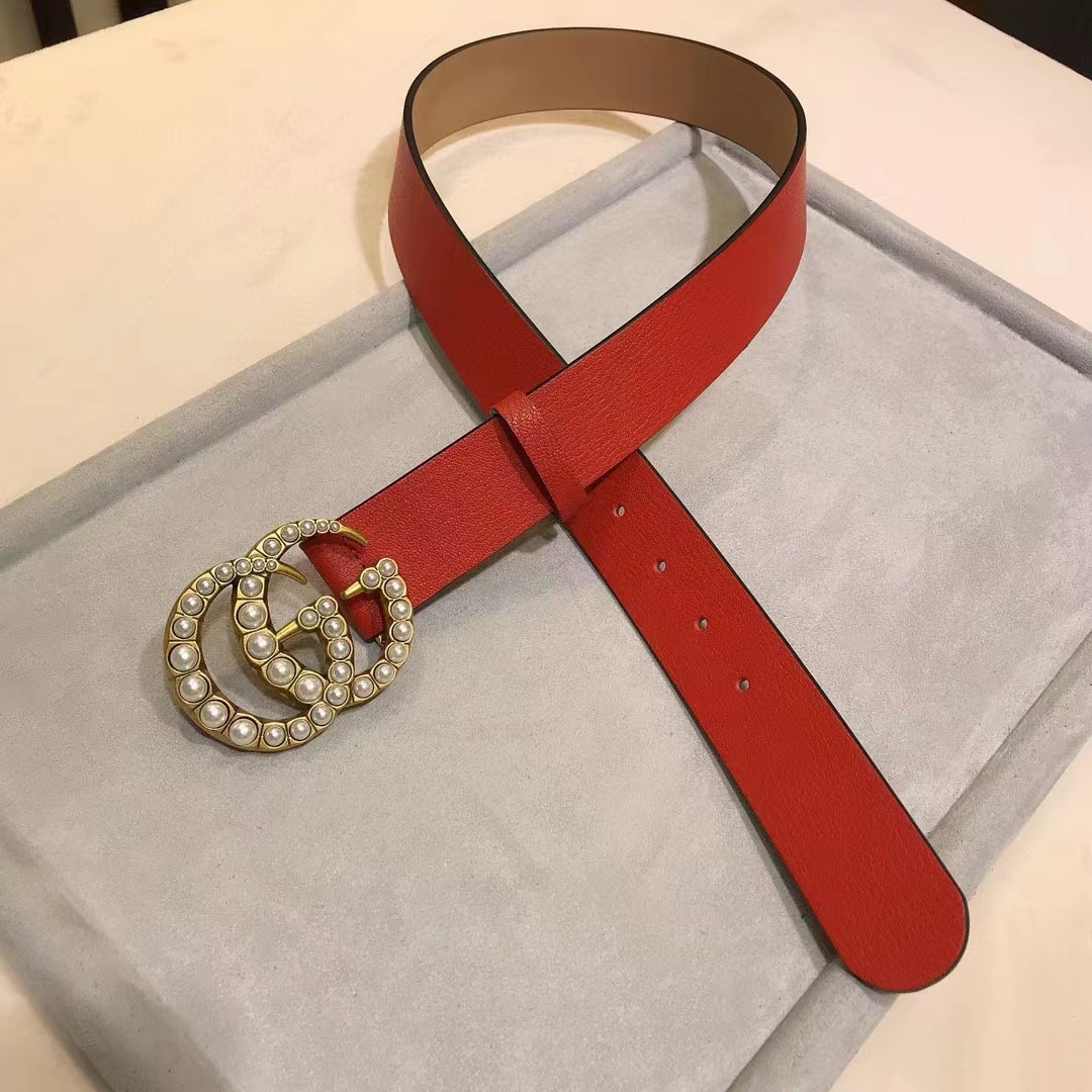 G*u*i unisex leather belt pearl double g red 3.8 cm width