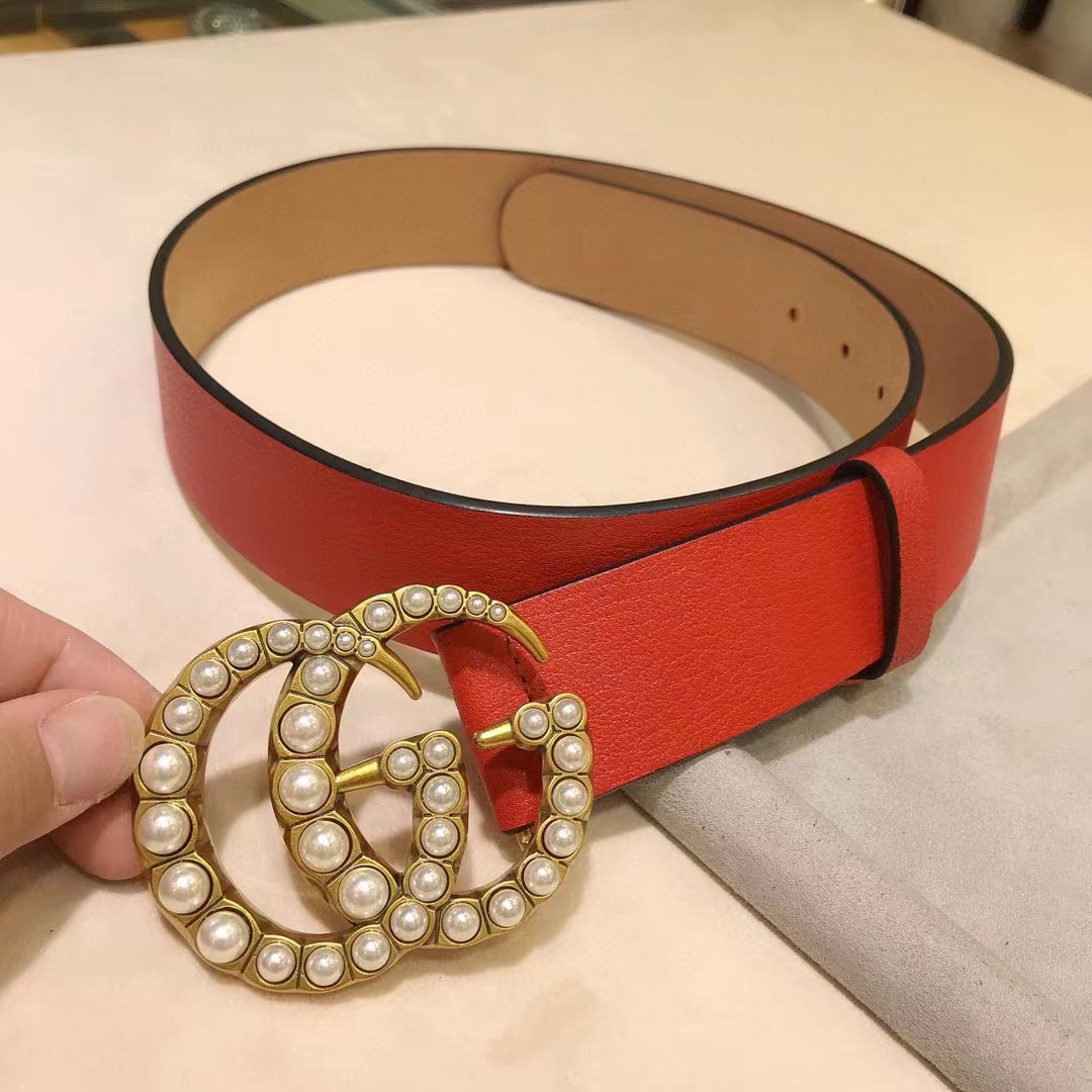 G*u*i unisex leather belt pearl double g red 3.8 cm width