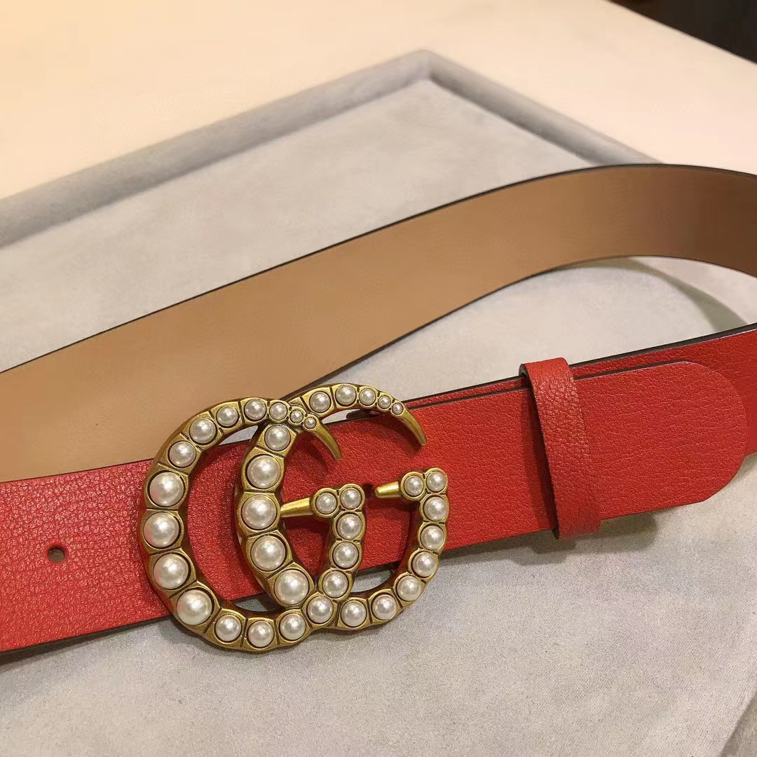 G*u*i unisex leather belt pearl double g red 3.8 cm width