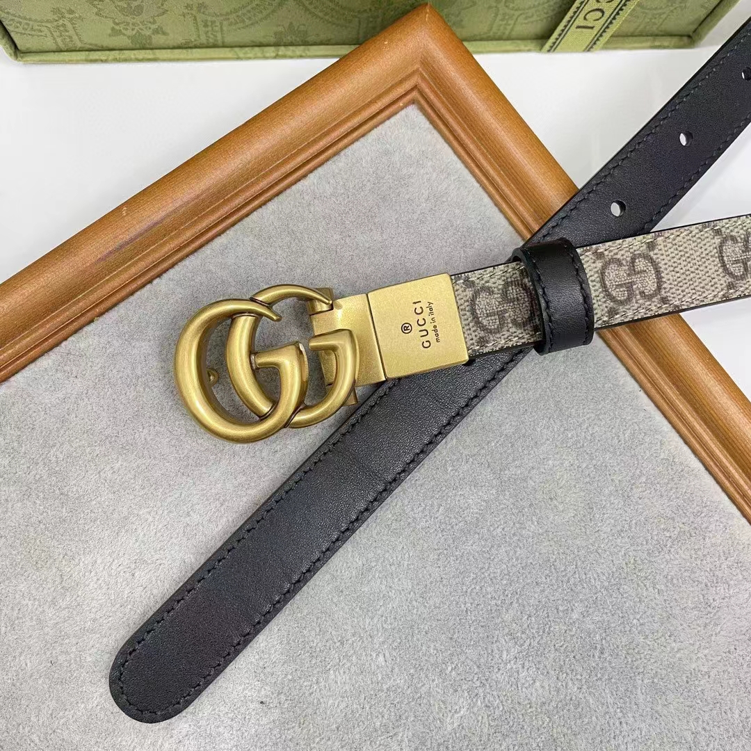 G*u*i unisex marmont reversible thin belt black beige ebony gg supreme canvas