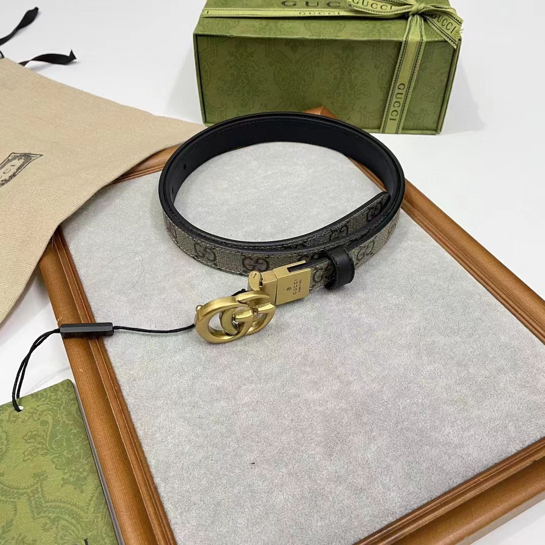G*u*i unisex marmont reversible thin belt black beige ebony gg supreme canvas