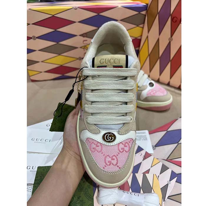 G*u*i unisex screener gg sneaker light pink canvas beige suede bi-color rubber flat