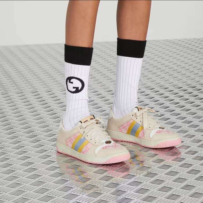 G*u*i unisex screener gg sneaker light pink canvas beige suede bi-color rubber flat