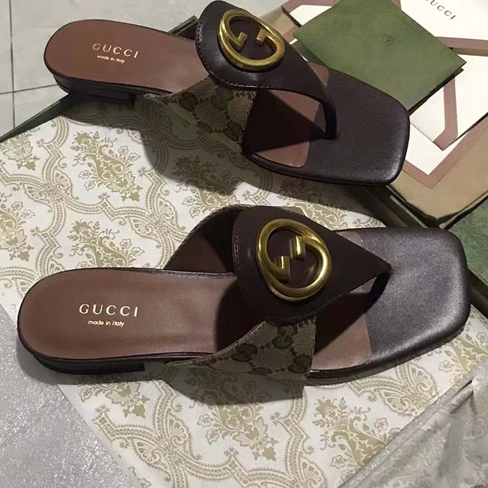 G*u*i women gg blondie thong sandal beige ebony gg supreme canvas