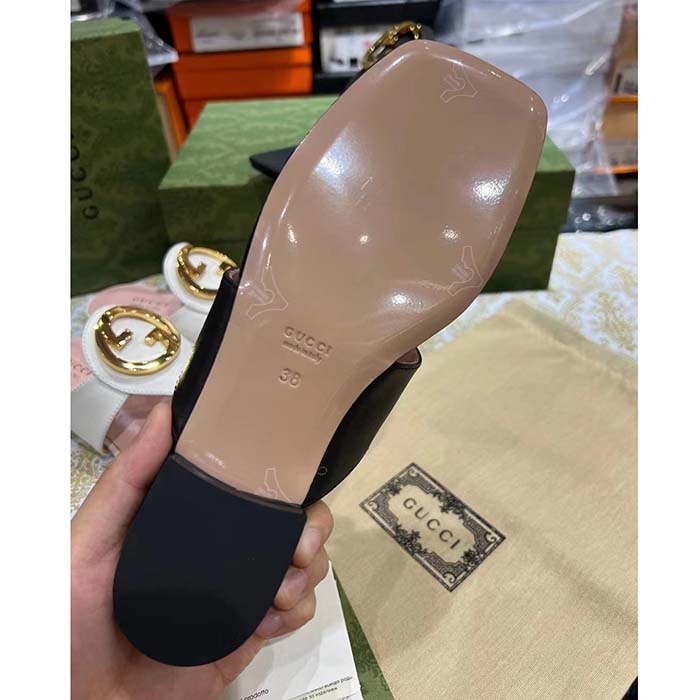 G*u*i women gg blondie thong sandal black leather round interlocking g 1.5 cm heel