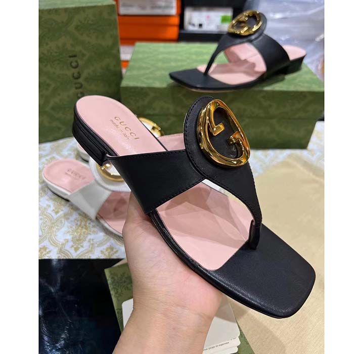 G*u*i women gg blondie thong sandal black leather round interlocking g 1.5 cm heel