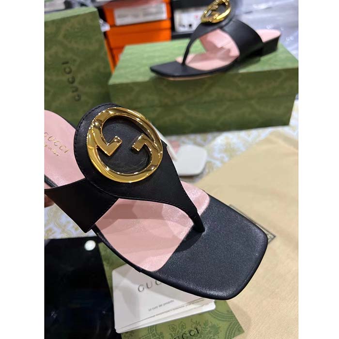 G*u*i women gg blondie thong sandal black leather round interlocking g 1.5 cm heel