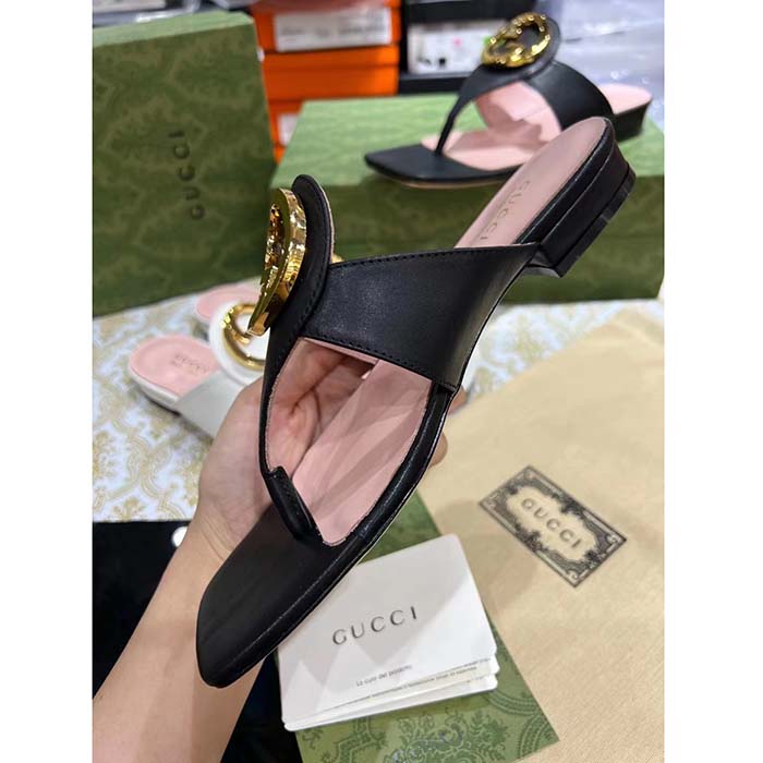 G*u*i women gg blondie thong sandal black leather round interlocking g 1.5 cm heel