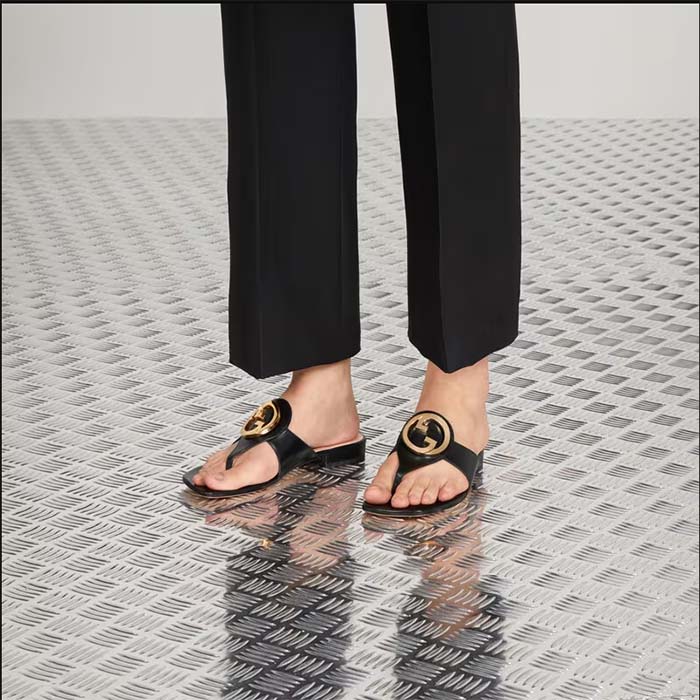 G*u*i women gg blondie thong sandal black leather round interlocking g 1.5 cm heel