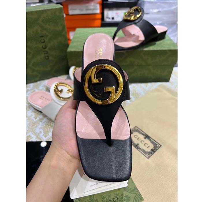 G*u*i women gg blondie thong sandal black leather round interlocking g 1.5 cm heel