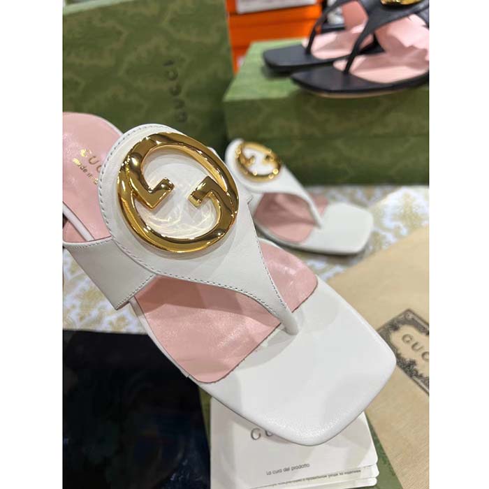 G*u*i women gg blondie thong sandal white leather round interlocking g 1.5 cm heel
