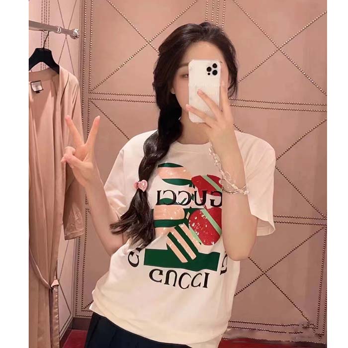 G*u*i women gg cotton jersey printed t-shirt off white cherry sequin embroidery