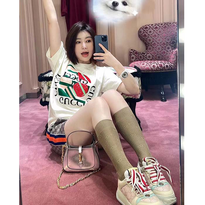 G*u*i women gg cotton jersey printed t-shirt off white cherry sequin embroidery