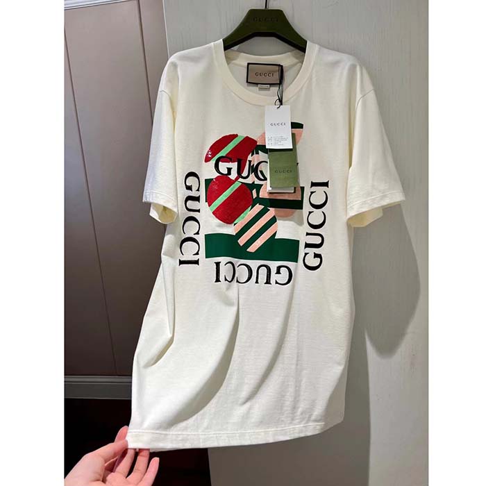 G*u*i women gg cotton jersey printed t-shirt off white cherry sequin embroidery
