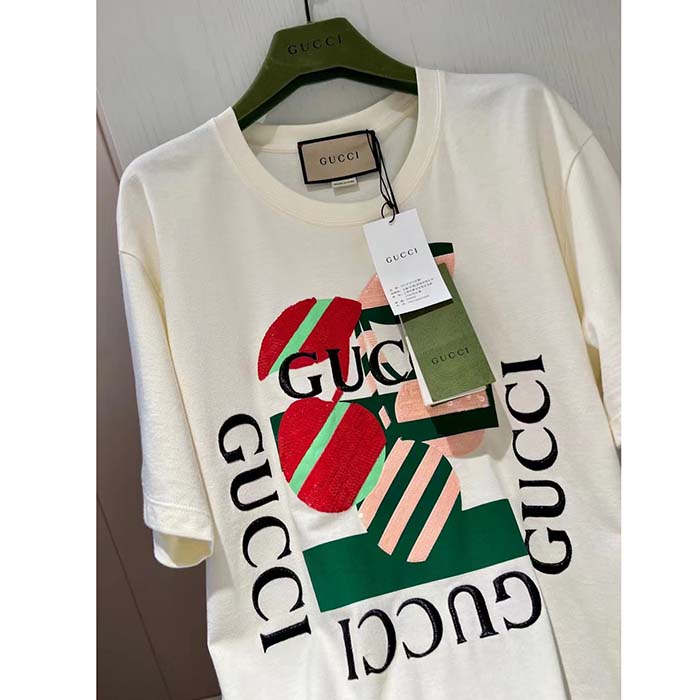 G*u*i women gg cotton jersey printed t-shirt off white cherry sequin embroidery